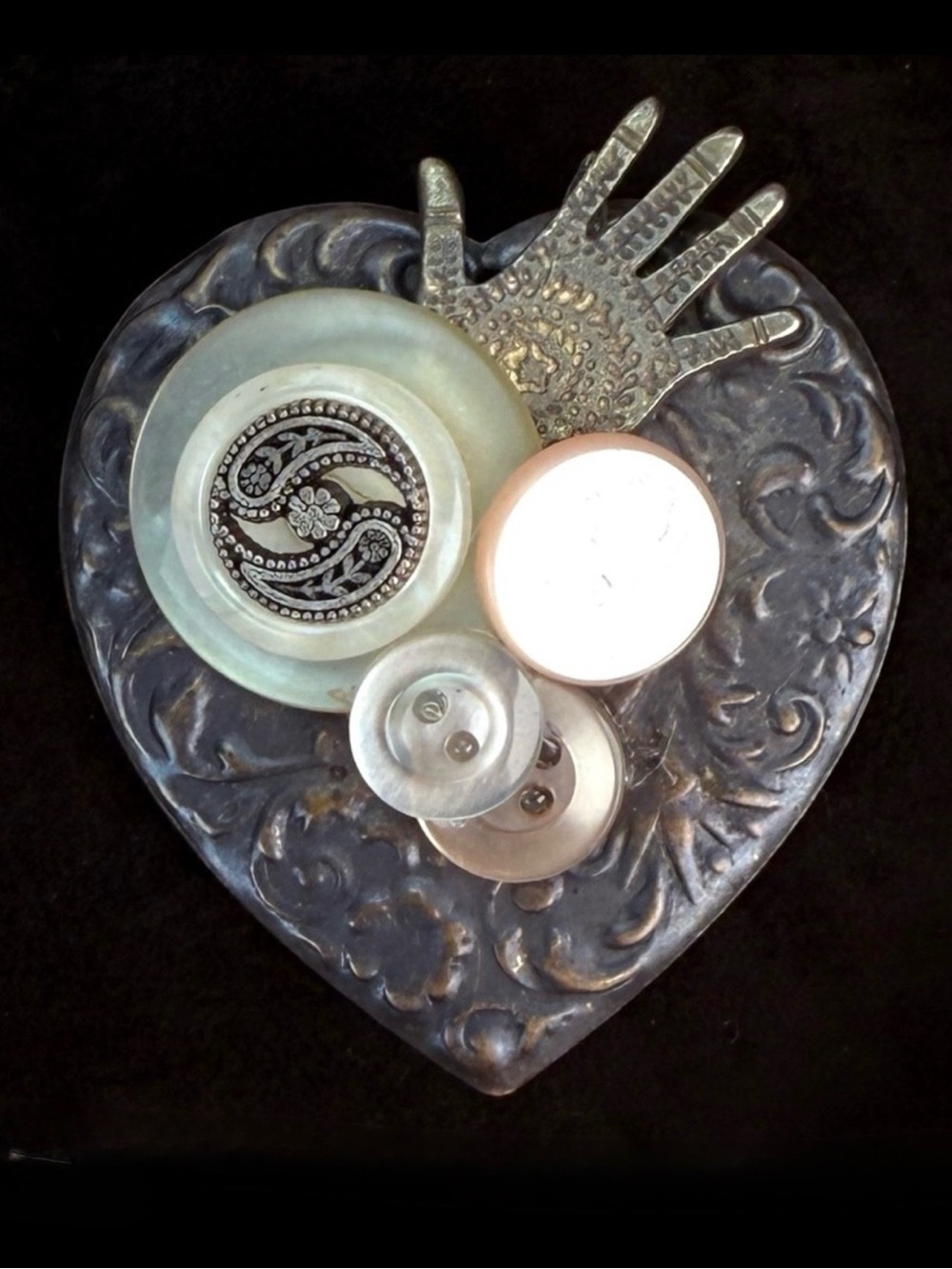 Vintage Heart Shaped Hand Brooch with Buttons